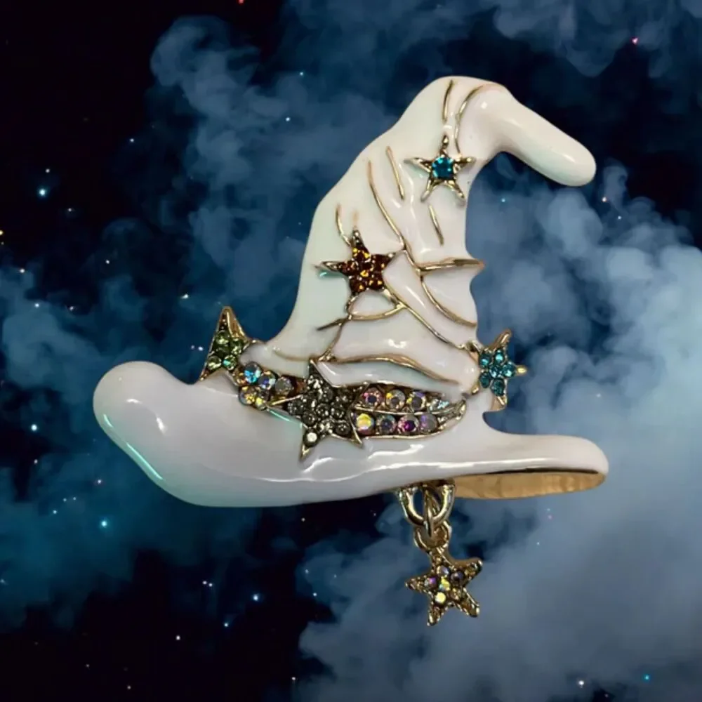 Elegant Halloween White Witch Hat Brooch